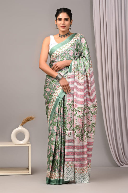 Ajrakh Hand Block Bagru Vanspati Printend Modal Silk Saree with Blouse (CID61)