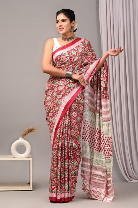 Ajrakh Hand Block Bagru Vanspati Printend Modal Silk Saree with Blouse (CID63)