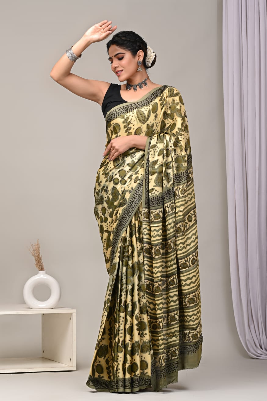 Ajrakh Hand Block Bagru Vanspati Printend Modal Silk Saree with Blouse (CID68)
