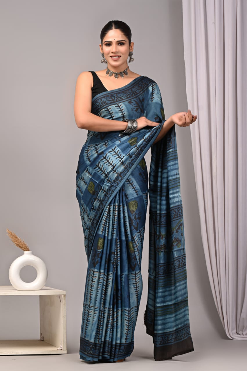 Ajrakh Hand Block Bagru Vanspati Printend Modal Silk Saree with Blouse (CID69)