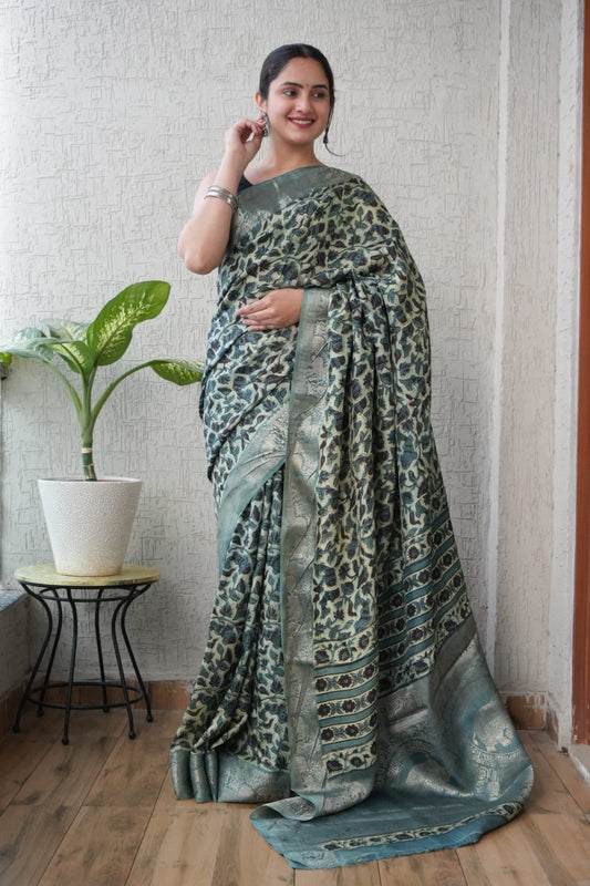 AJRAKH PRINTED PURE DOLA SILK SAREE WITH BLOUSE (MS31)