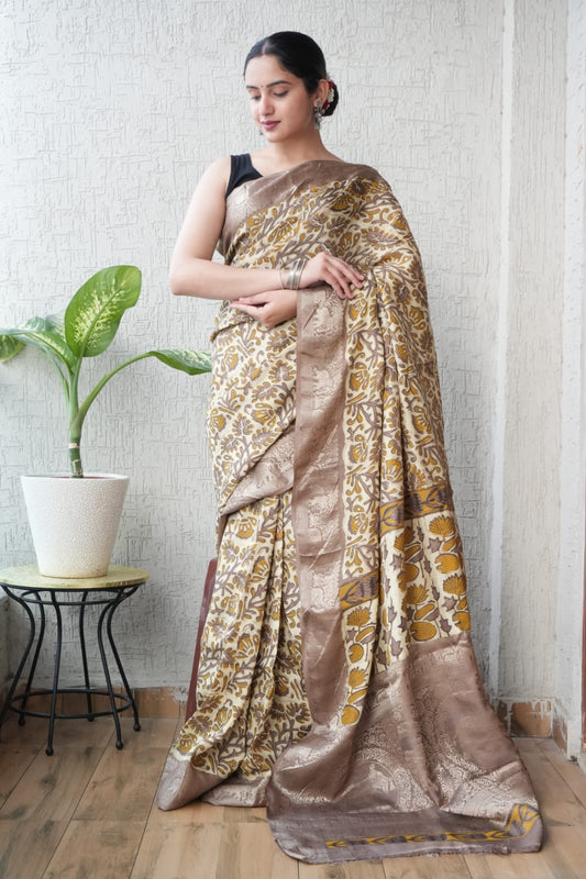 AJRAKH PRINTED PURE DOLA SILK SAREE WITH BLOUSE (MS9)