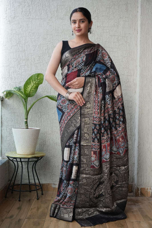 AJRAKH PRINTED PURE DOLA SILK SAREE WITH BLOUSE (MS34)