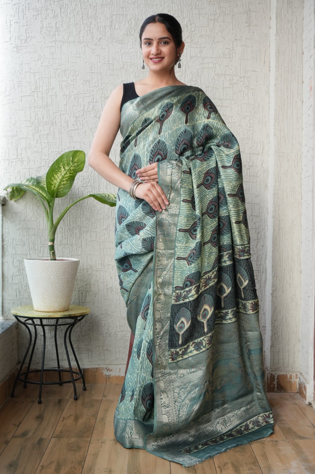 AJRAKH PRINTED PURE DOLA SILK SAREE WITH BLOUSE (MS36)