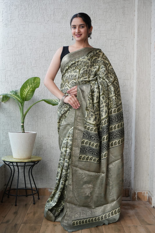 AJRAKH PRINTED PURE DOLA SILK SAREE WITH BLOUSE (MS35)