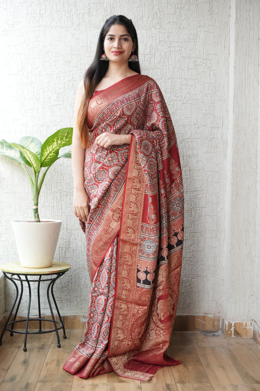 AJRAKH PRINTED PURE DOLA SILK SAREE WITH BLOUSE (MS22)