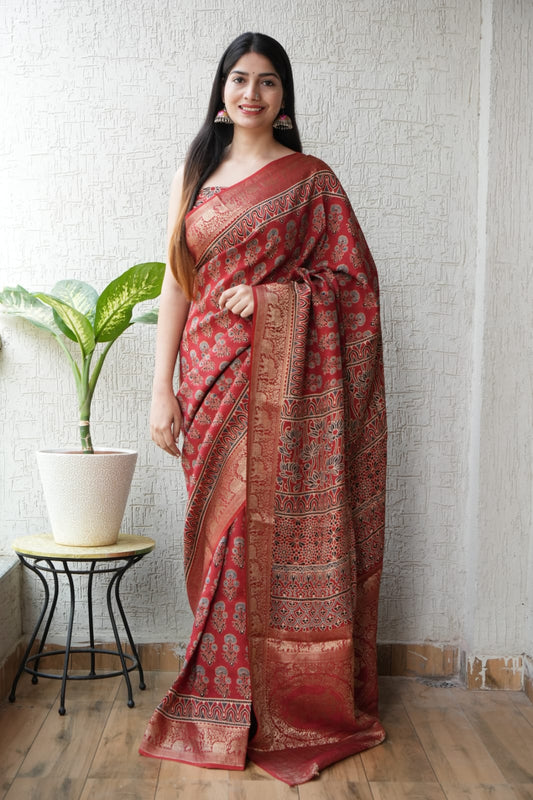 AJRAKH PRINTED PURE DOLA SILK SAREE WITH BLOUSE (MS20)