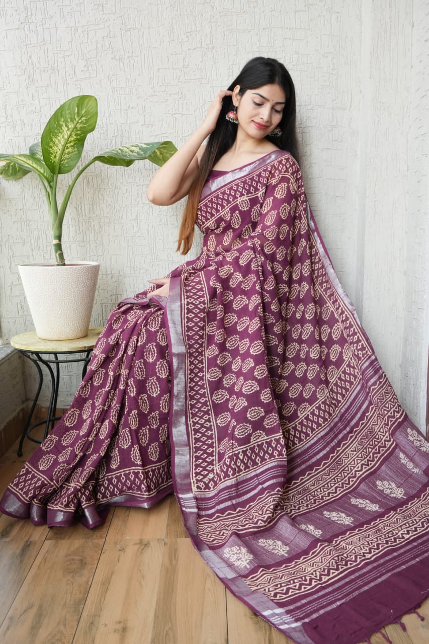 HAND BLOCK BLACK & WHITE PRINTED COTTON LINEN SAREE WITH BLOUSE (LCS129)