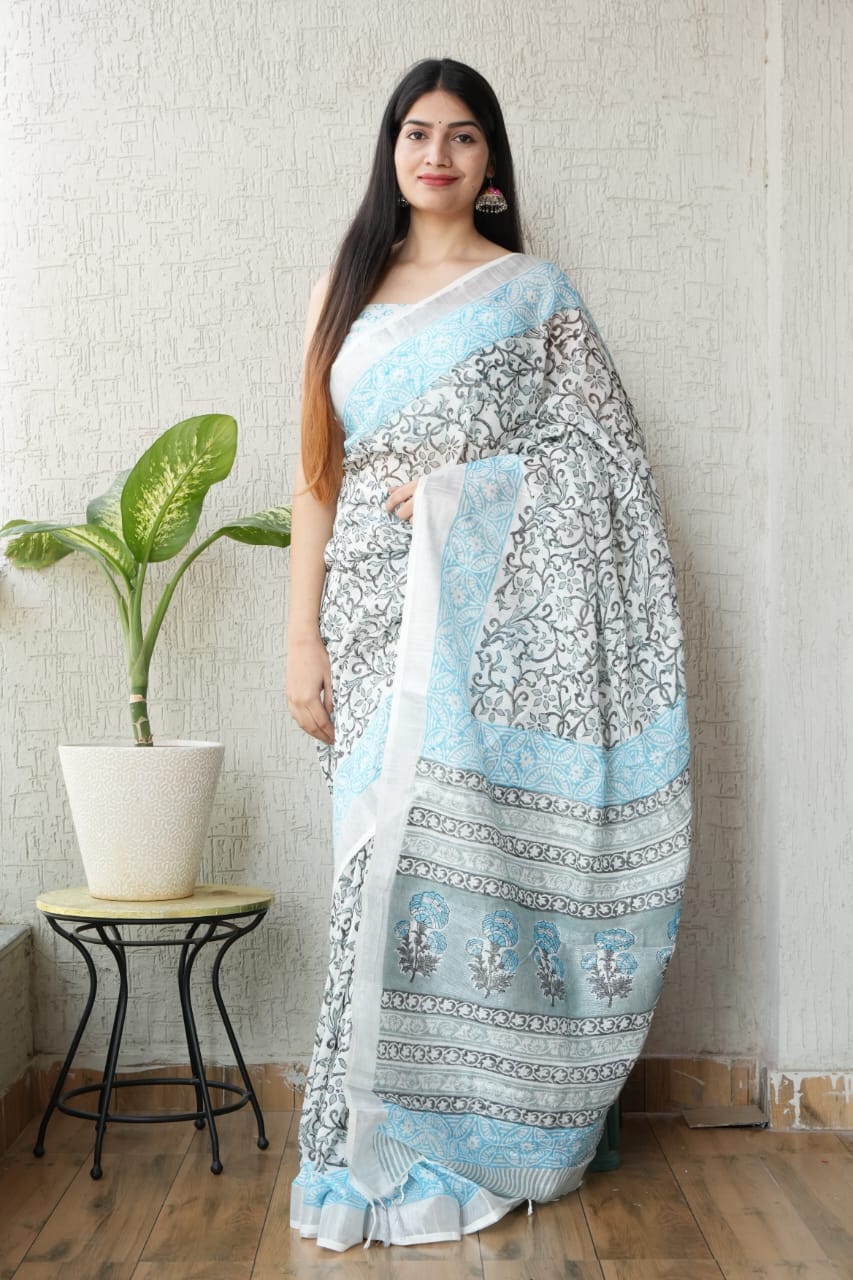 HAND BLOCK BLACK & WHITE PRINTED COTTON LINEN SAREE WITH BLOUSE (LCS130)