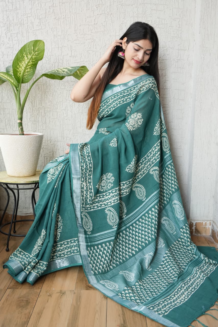HAND BLOCK BLACK & WHITE PRINTED COTTON LINEN SAREE WITH BLOUSE (LCS131)