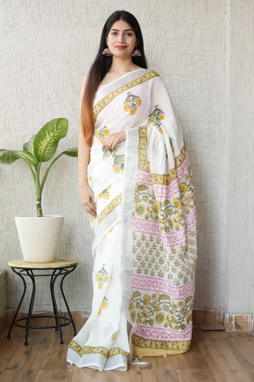 HAND BLOCK BLACK & WHITE PRINTED COTTON LINEN SAREE WITH BLOUSE (LCS133)