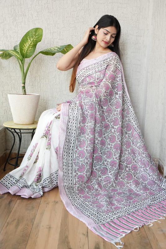 HAND BLOCK BLACK & WHITE PRINTED COTTON LINEN SAREE WITH BLOUSE (LCS132)