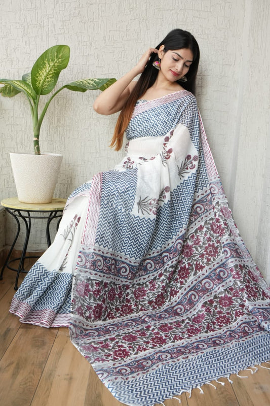 HAND BLOCK BLACK & WHITE PRINTED COTTON LINEN SAREE WITH BLOUSE (LCS134)