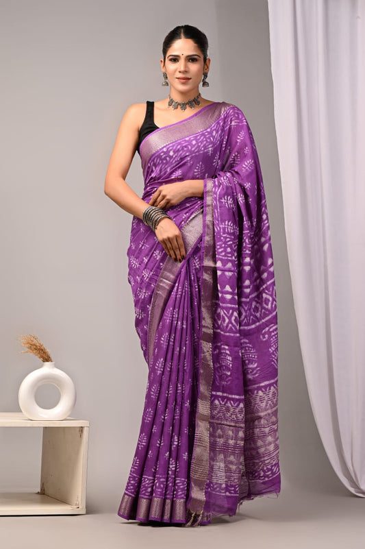 HAND BLOCK BAGRU PRINTED ART SILK CHANDERI SAREE WITH BLOUSE (CIH38)