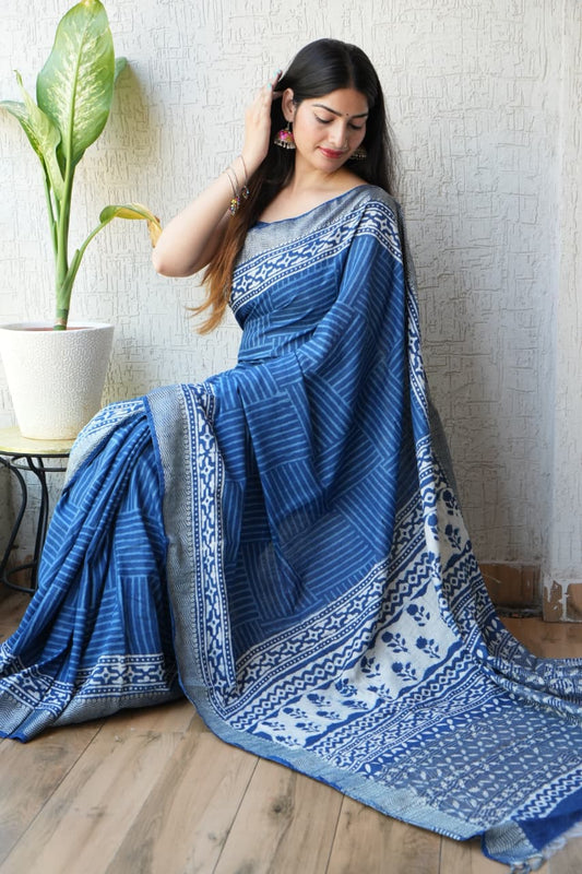 HAND BLOCK BAGRU PRINTED ART SILK CHANDERI SAREE WITH BLOUSE (CIH39)
