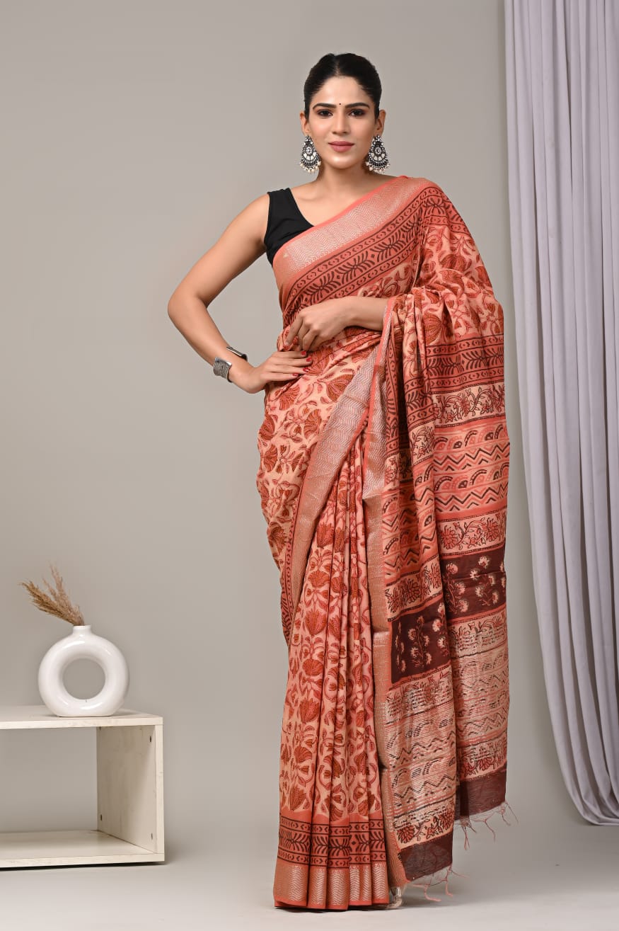HAND BLOCK BAGRU PRINTED ART SILK CHANDERI SAREE WITH BLOUSE (CIH19)