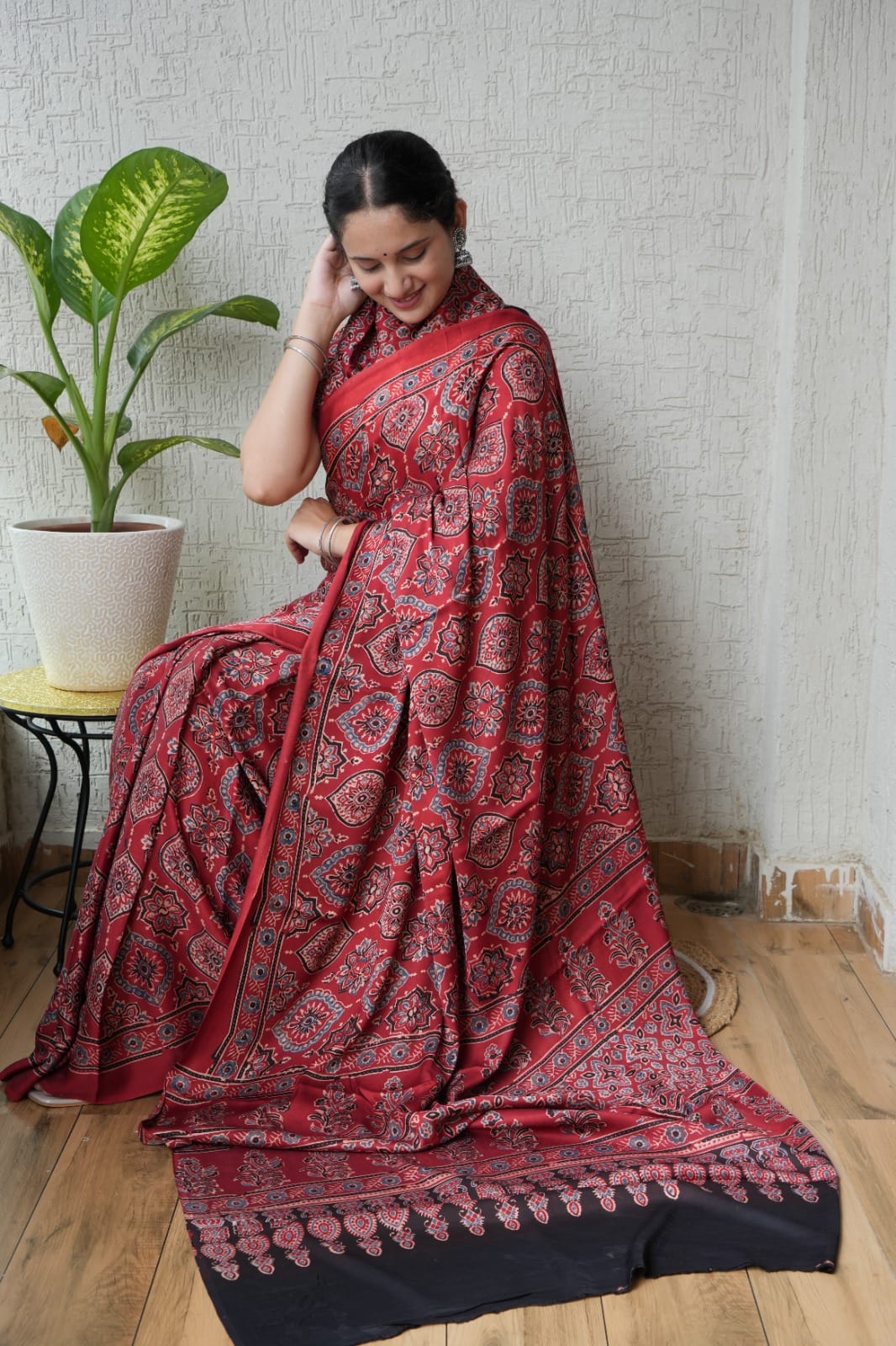 HAND BLOCK PRINTED AJRAKH MODAL SILK SAREE (CIG53)
