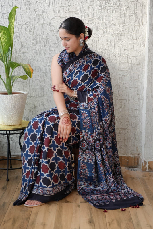 HAND BLOCK PRINTED AJRAKH MODAL SILK SAREE (CIG54)