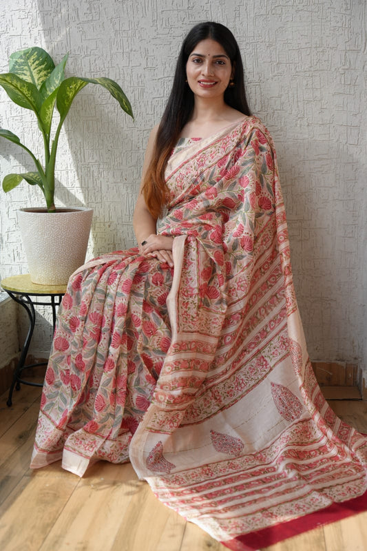 Jaipuri Hand Block Bagru Printed Maheshwari Silk Saree With Blouse (MSS76)