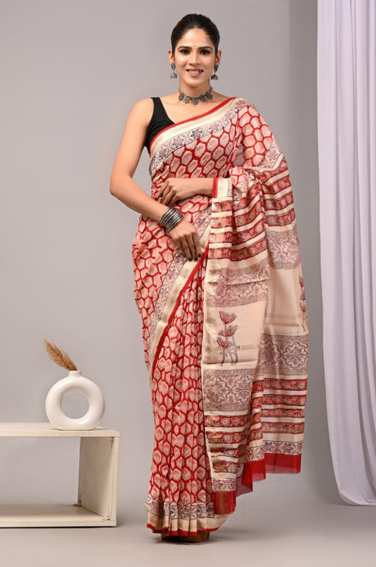 Jaipuri Hand Block Bagru Printed Maheshwari Silk Saree With Blouse (MSS127)