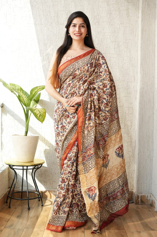 Jaipuri Hand Block Bagru Printed Maheshwari Silk Saree With Blouse (MSS2)