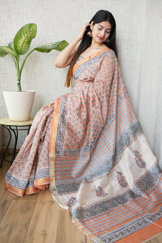 Jaipuri Hand Block Bagru Printed Maheshwari Silk Saree With Blouse (MSS131)