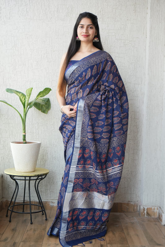 HAND BLOCK BLACK & WHITE PRINTED COTTON LINEN SAREE WITH BLOUSE (LCS136)