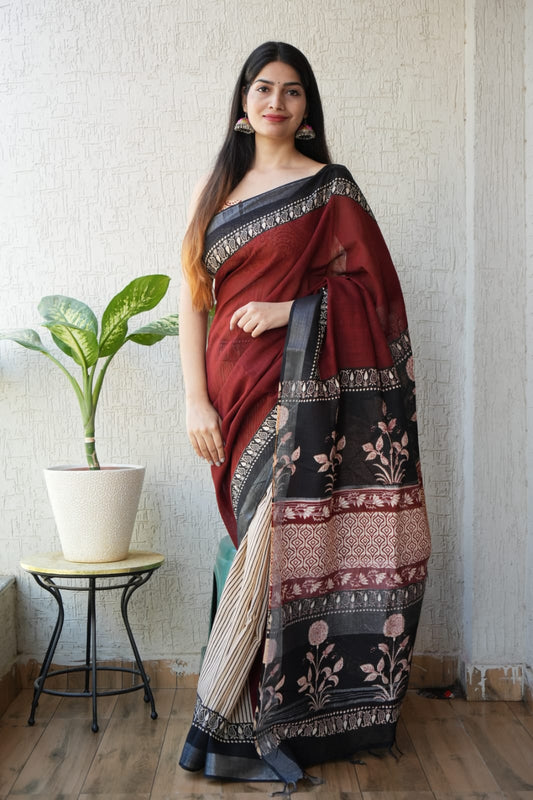 HAND BLOCK BLACK & WHITE PRINTED COTTON LINEN SAREE WITH BLOUSE (LCS121)