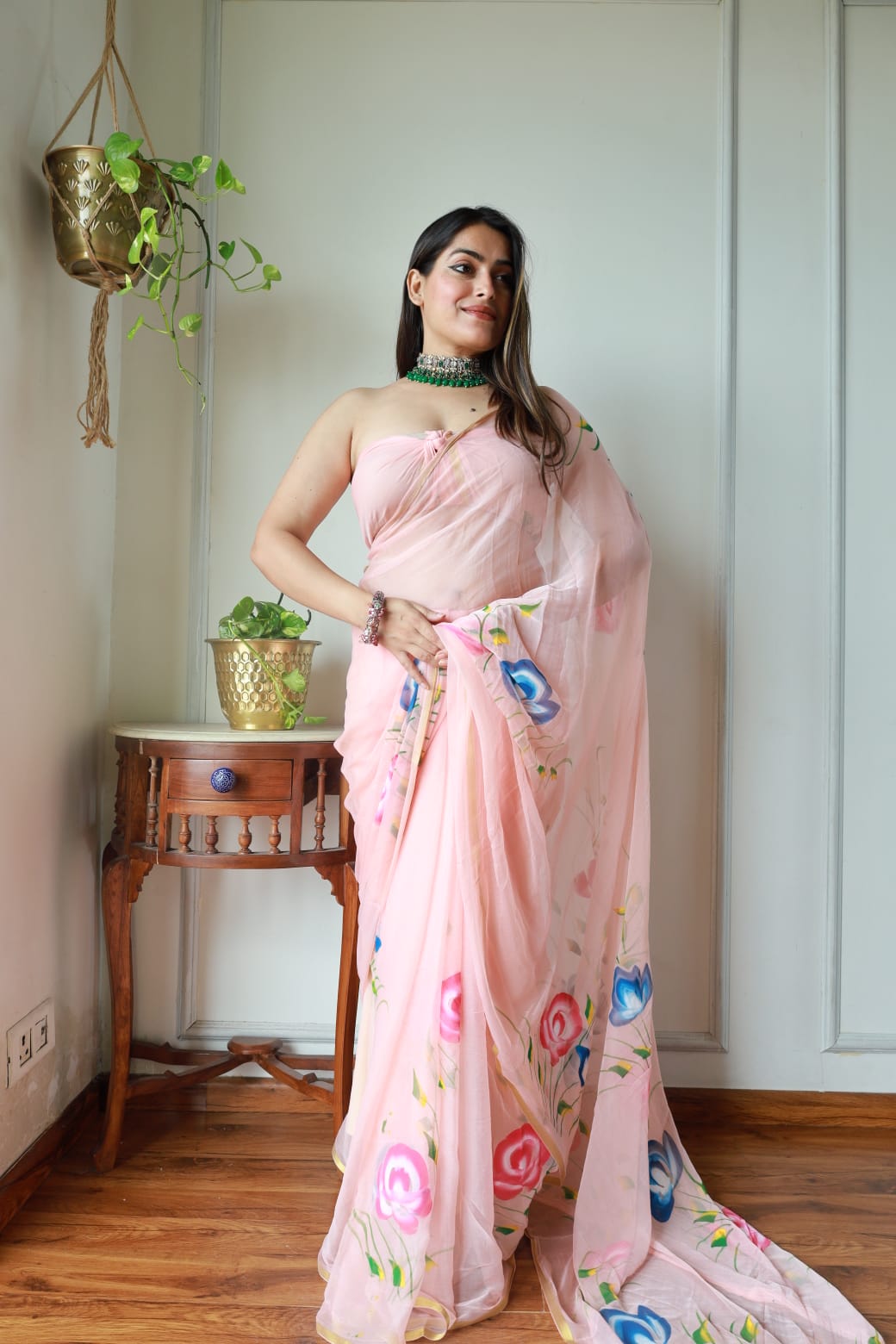 Hand Brush Painted Chiffon Saree with Blouse ( CIA21)