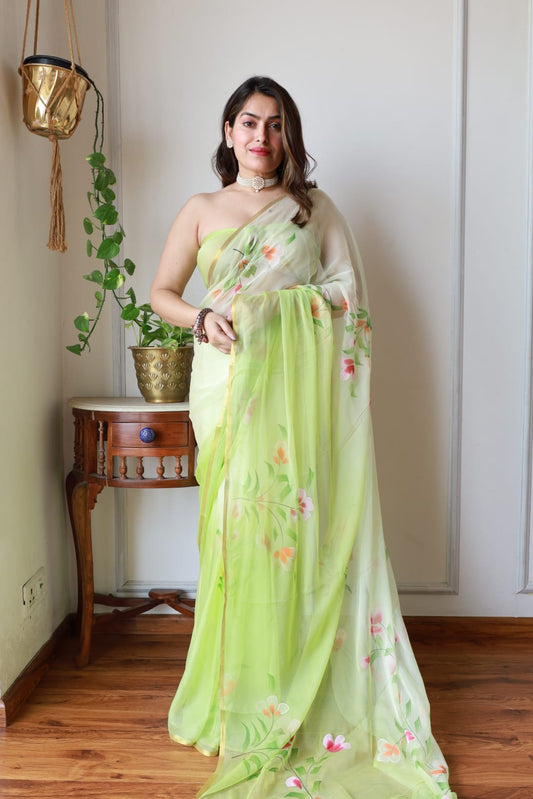 Hand Brush Painted Chiffon Saree with Blouse ( CIA34)