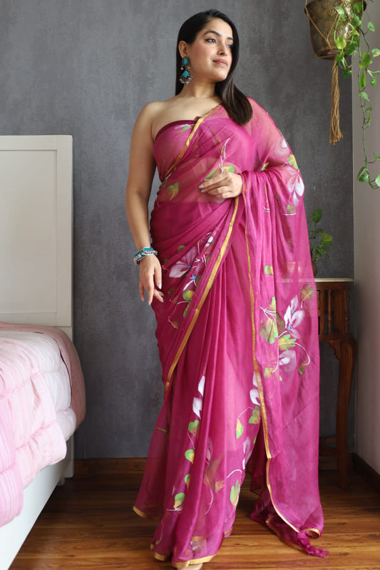 Hand Brush Painted Chiffon Saree with Blouse ( CIA38)