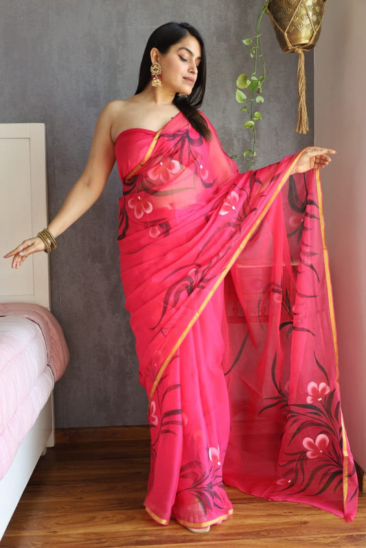 Hand Brush Painted Chiffon Saree with Blouse ( CIA39)