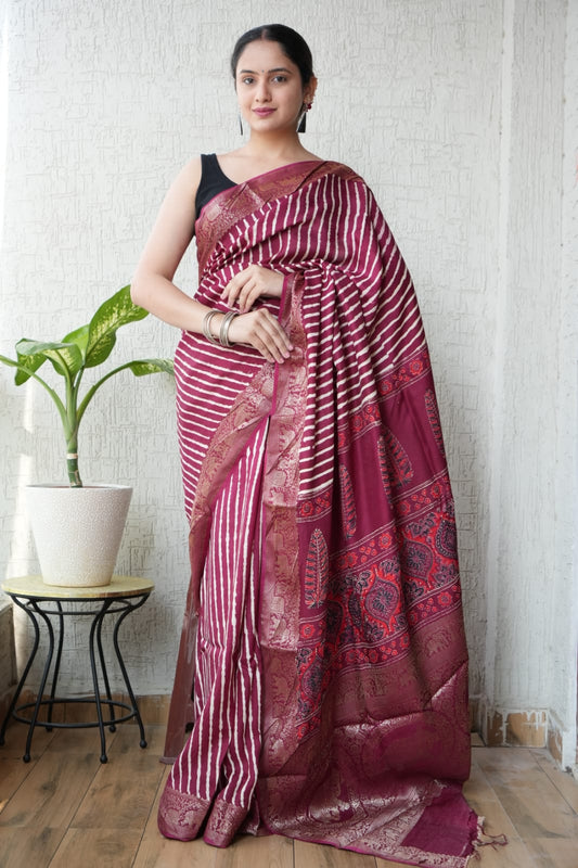 AJRAKH PRINTED PURE DOLA SILK SAREE WITH BLOUSE (MS39)