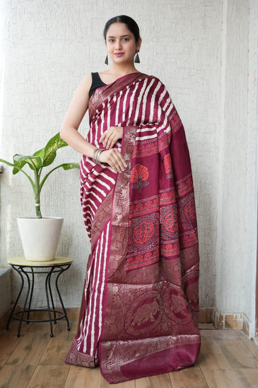 AJRAKH PRINTED PURE DOLA SILK SAREE WITH BLOUSE (MS40)