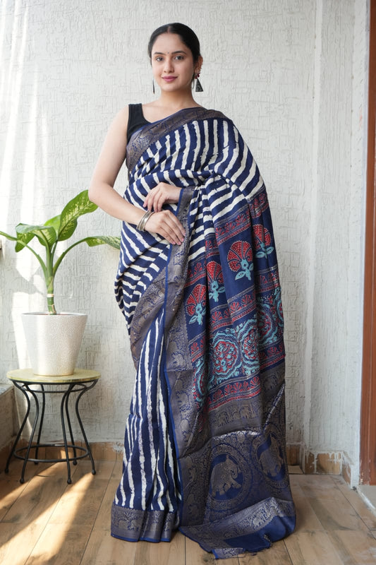 AJRAKH PRINTED PURE DOLA SILK SAREE WITH BLOUSE (MS41)
