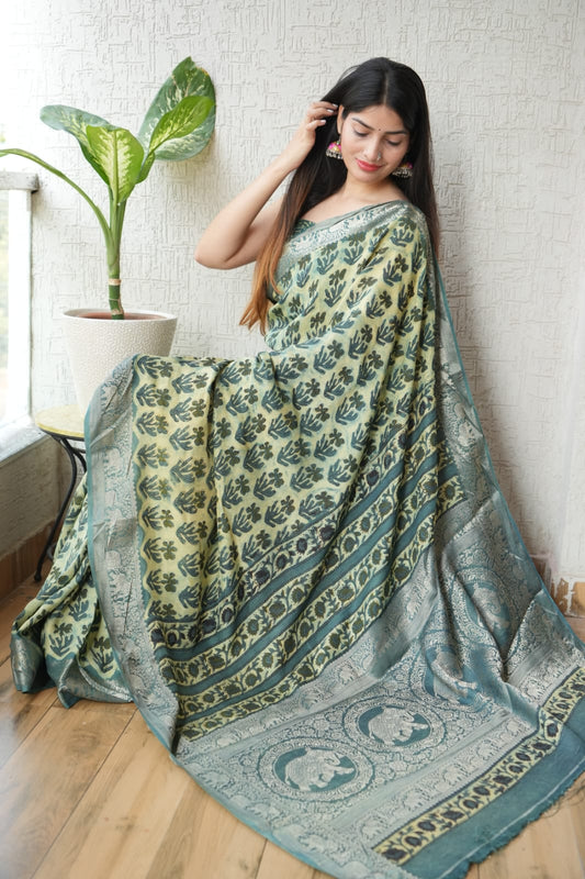 AJRAKH PRINTED PURE DOLA SILK SAREE WITH BLOUSE (MS14)