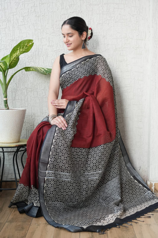 HAND BLOCK BLACK & WHITE PRINTED COTTON LINEN SAREE WITH BLOUSE (LCS142)