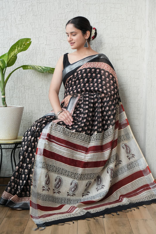 HAND BLOCK BLACK & WHITE PRINTED COTTON LINEN SAREE WITH BLOUSE (LCS143)