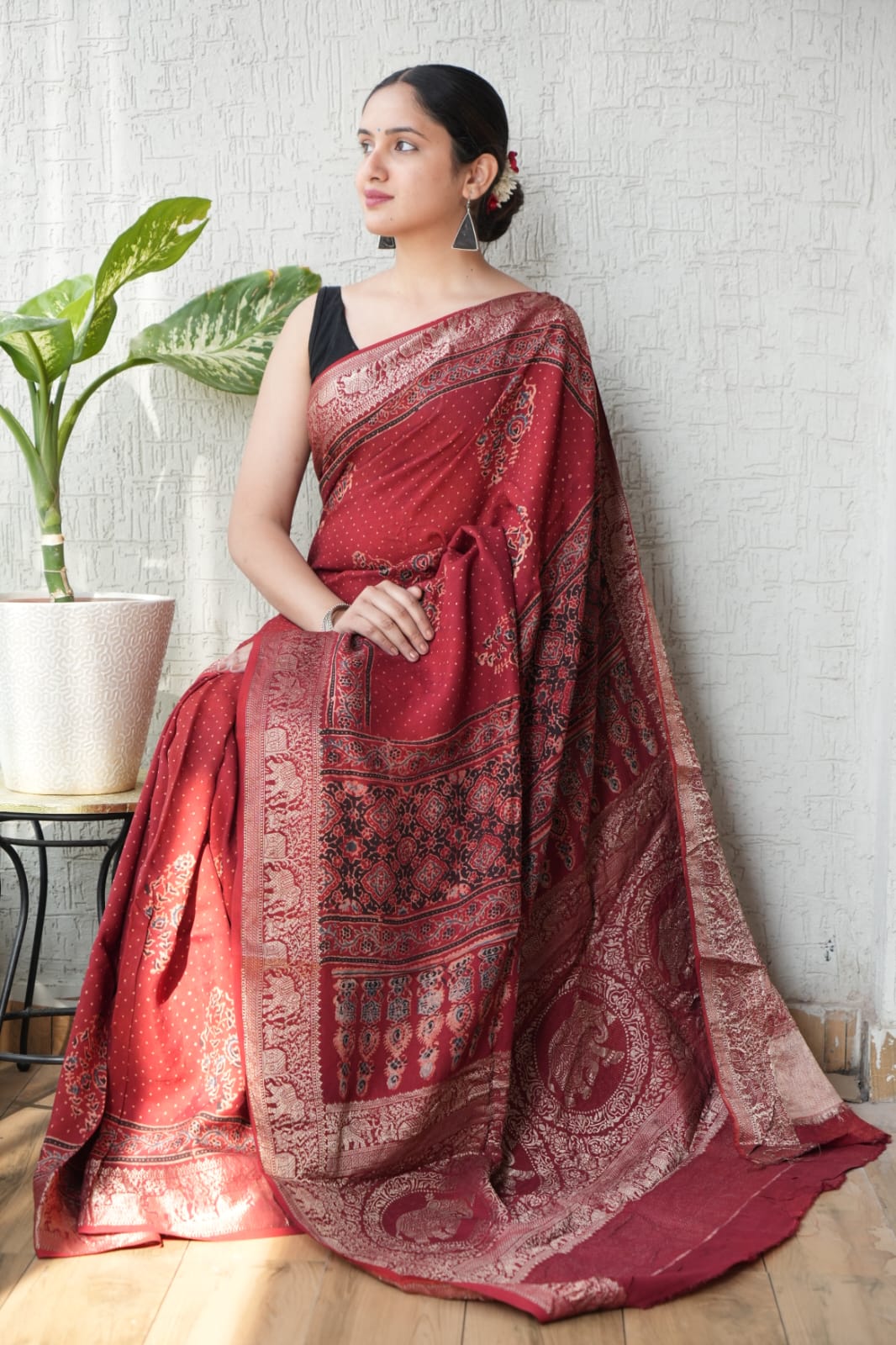 AJRAKH PRINTED PURE DOLA SILK SAREE WITH BLOUSE (MS44)