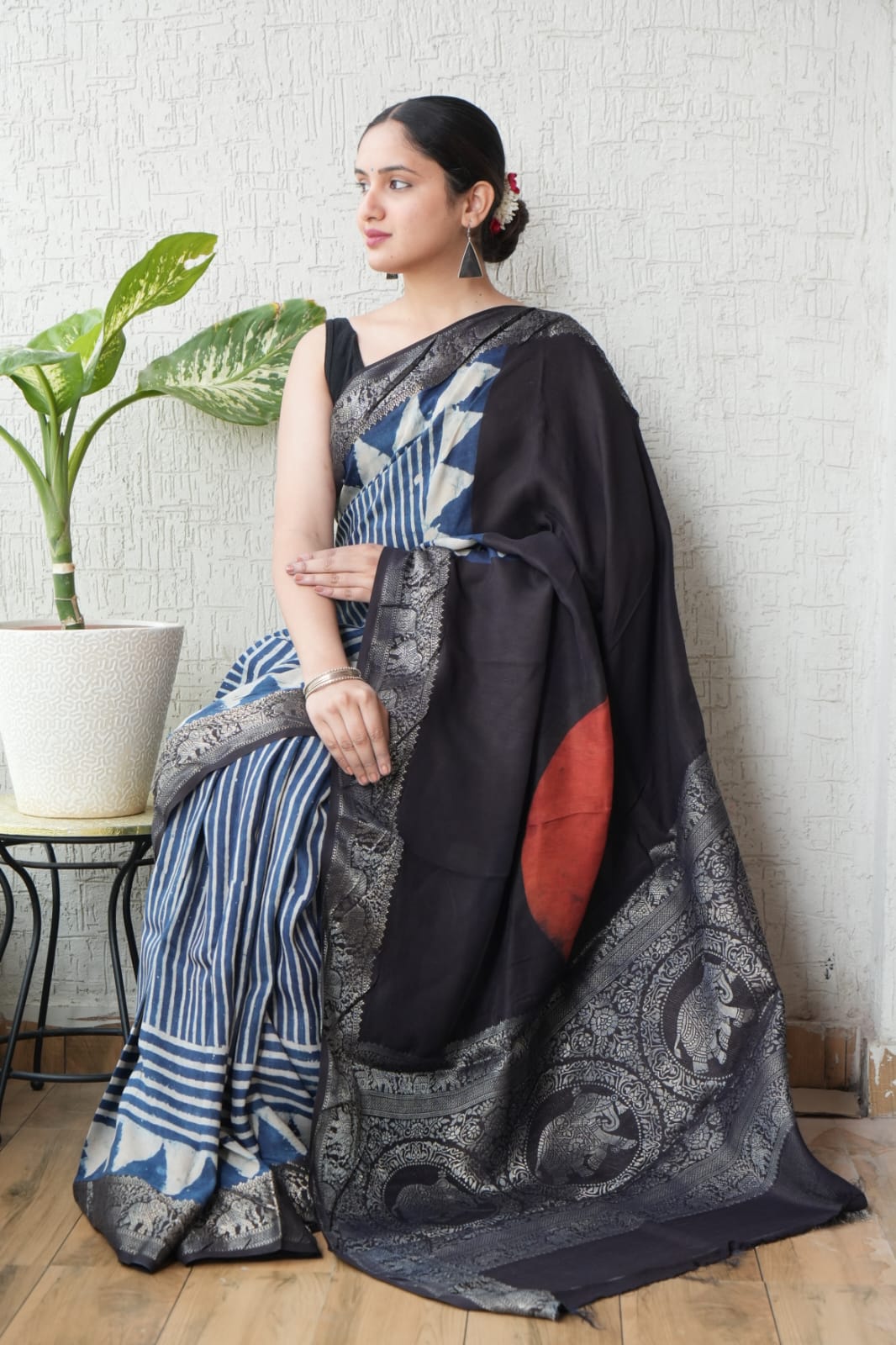 AJRAKH PRINTED PURE DOLA SILK SAREE WITH BLOUSE (MS45)