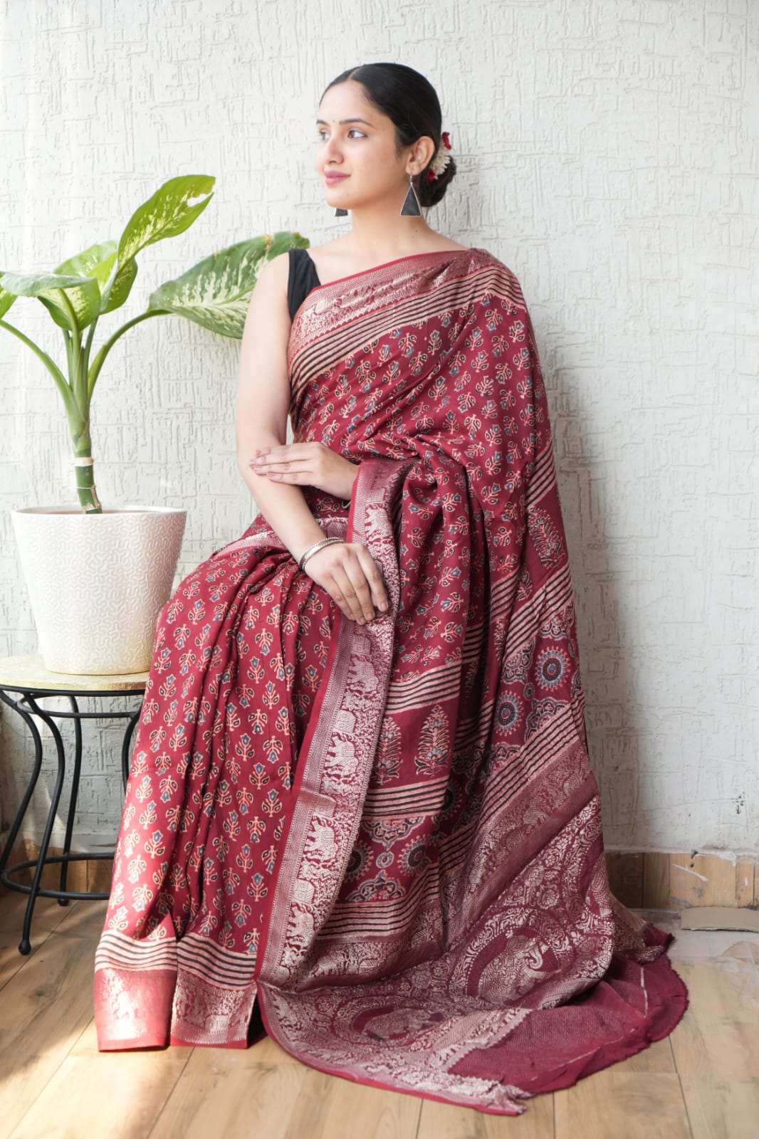 AJRAKH PRINTED PURE DOLA SILK SAREE WITH BLOUSE (MS47)
