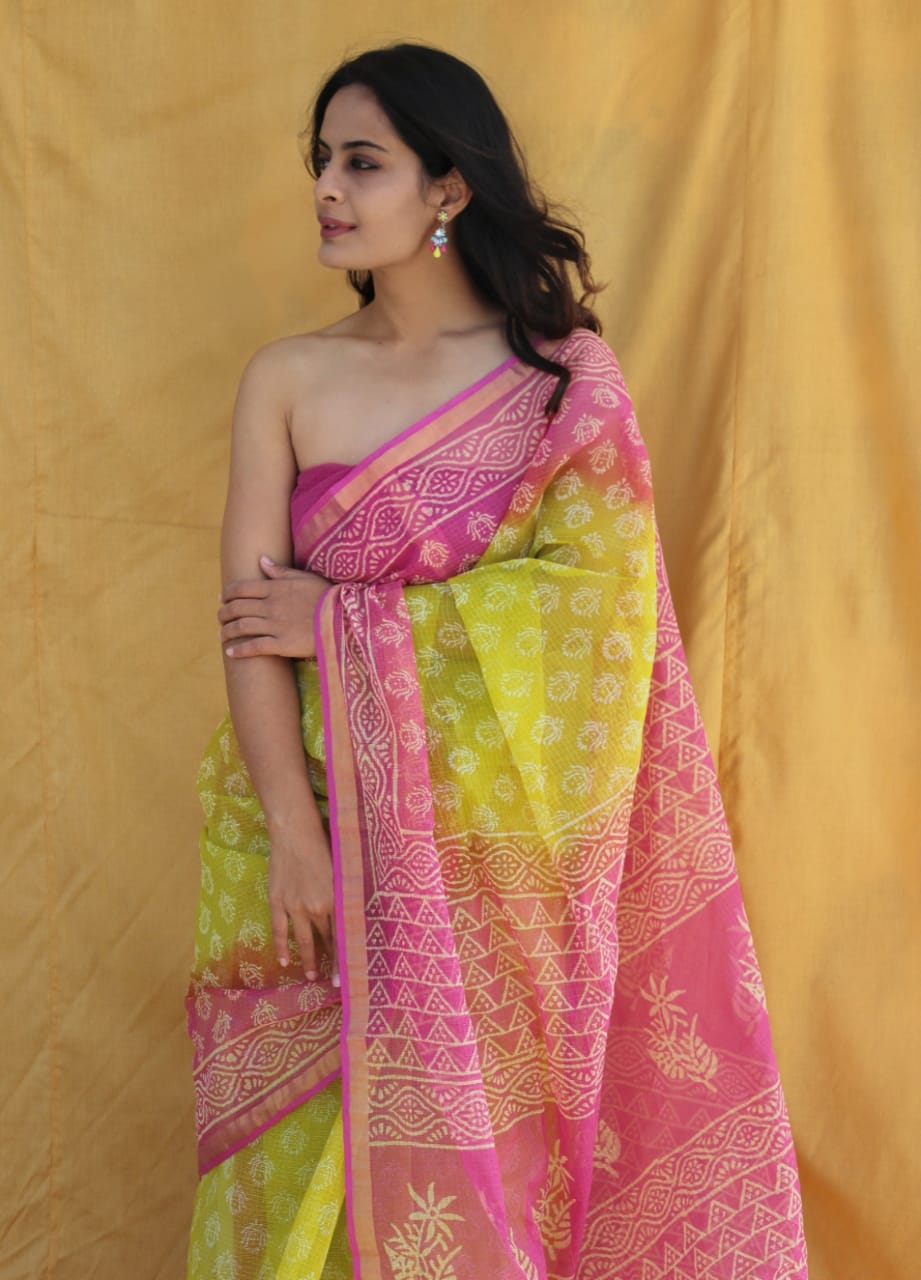 Jaipuri Block Printed Cotton Kota Doriya Saree (CIS96)