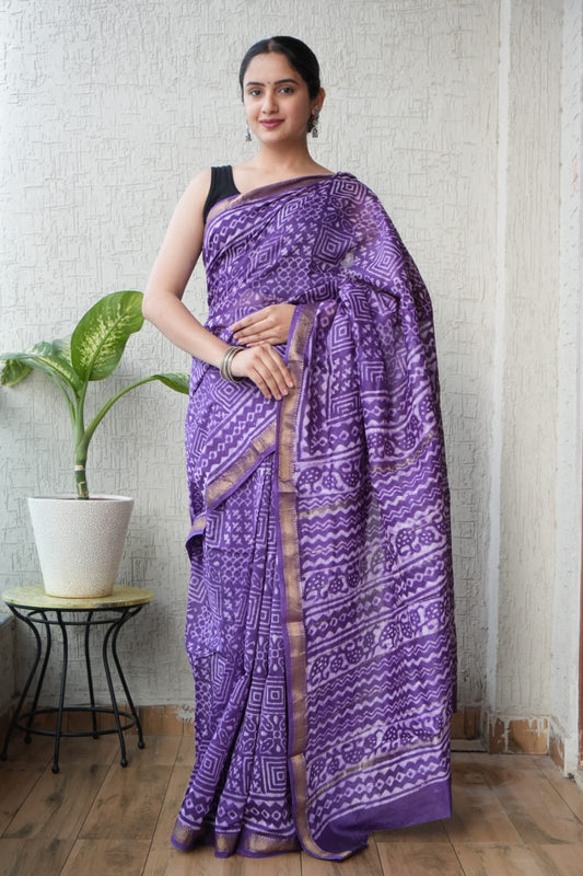 Jaipuri Hand Block Bagru Printed Maheshwari Silk Saree With Blouse (MSS135)