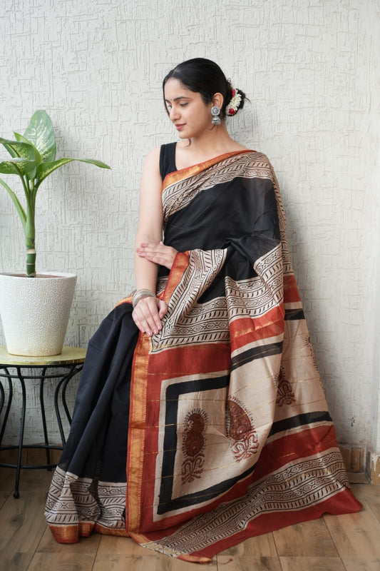 Jaipuri Hand Block Bagru Printed Maheshwari Silk Saree With Blouse (MSS137)