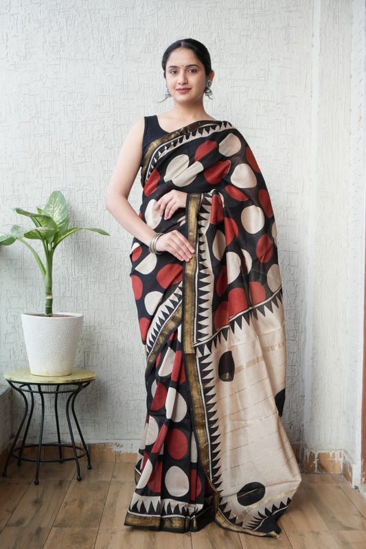 Jaipuri Hand Block Bagru Printed Maheshwari Silk Saree With Blouse (MSS139)