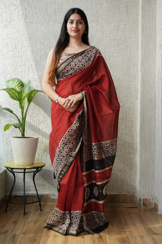 Jaipuri Hand Block Bagru Printed Maheshwari Silk Saree With Blouse (MSS140)