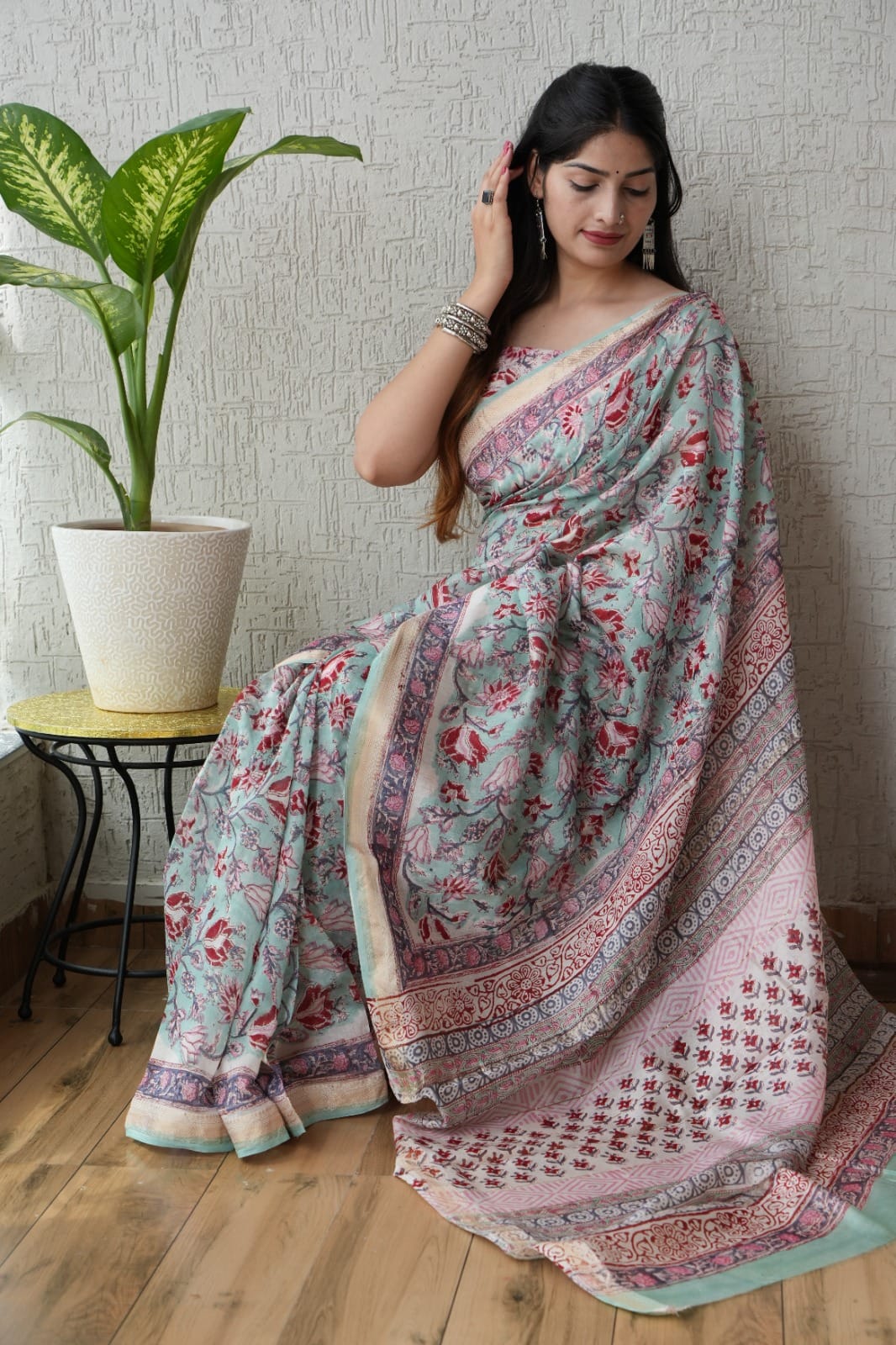 Jaipuri Hand Block Bagru Printed Maheshwari Silk Saree With Blouse (MSS141)
