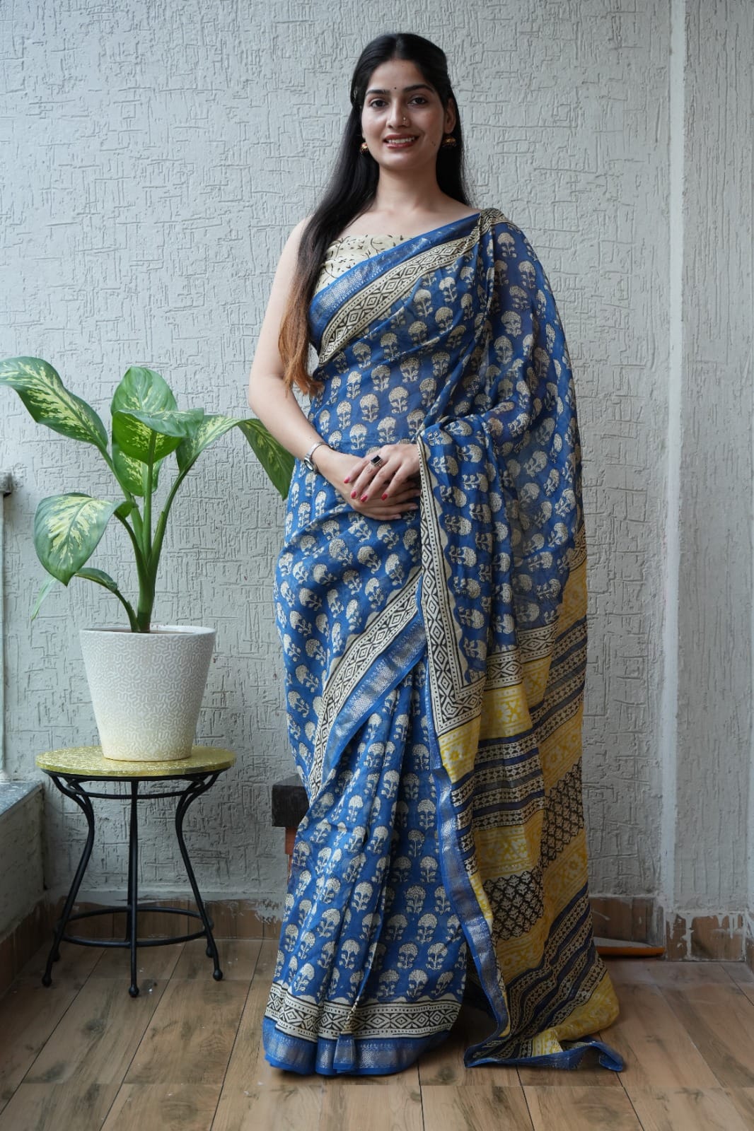 Jaipuri Hand Block Bagru Printed Maheshwari Silk Saree With Blouse (MSS142)