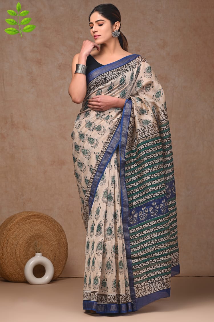Jaipuri Hand Block Bagru Printed Maheshwari Silk Saree With Blouse (MSS147)