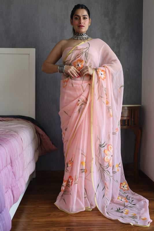 Hand Brush Painted Chiffon Saree with Blouse ( CIA40)